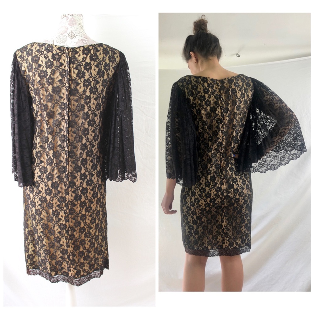 Vintage 60s Black Lace Dress Angel Sleeves Sz 6 - Picture 4 of 8
